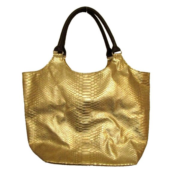 Neiman Marcus Tote-Large Shiny Gold Metallic Faux Snake Skin-Carry All Purse Bag - Picture 16 of 16